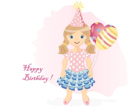 Girl holding balloons. Postcard with Happy Birthday vector
