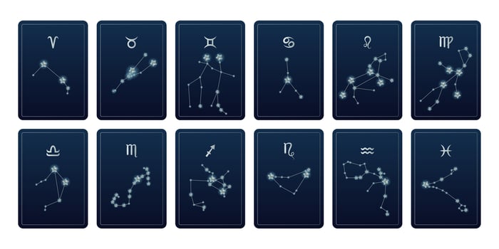 Set of zodiac constellations cards illustration design. Silver stars, horoscope collection and astrological signs. vector