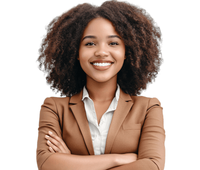 Smiling woman with curly hair in brown blazer on transparent background png