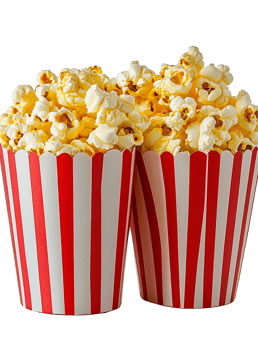 Buttery popcorn in red and white striped cups on transparent background png