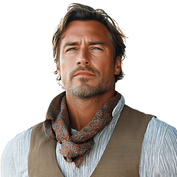 Man with graying hair and goatee wearing a neck scarf on transparent background png