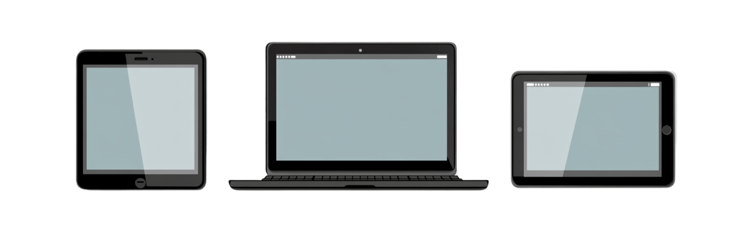 Black laptop, tablet and smartphone mockups on transparent background png