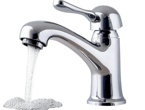 Metallic Faucet with Pouring Water on Transparent Background png