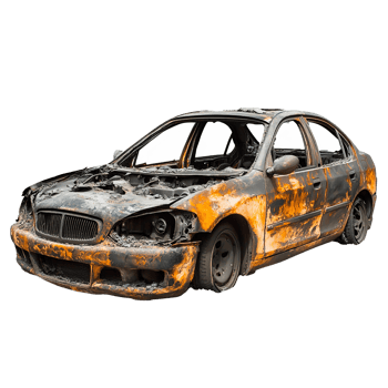 Burned car wreckage isolated on transparent background png