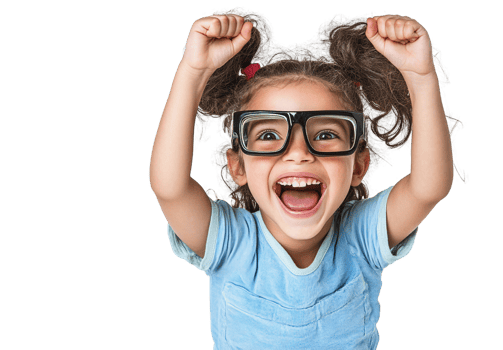 happy girl in glasses with raised arms on transparent background png