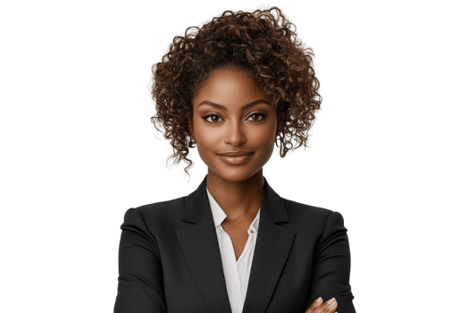 Confident woman with curly hair in black blazer on transparent background png