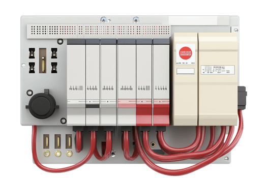 Circuit breaker panel with red wires isolated on white background png