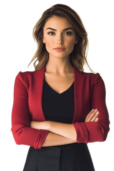 Woman in red blazer, confident pose on transparent background png