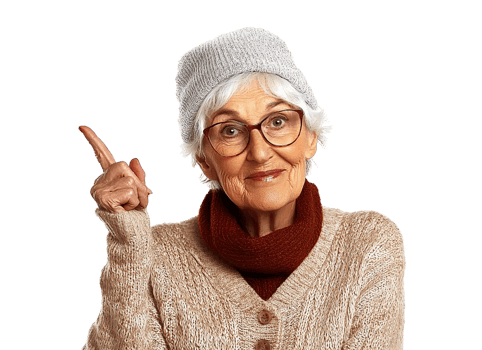 Senior woman pointing up on transparent background png