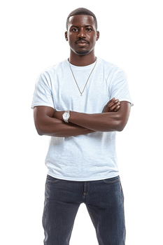 Man in white t-shirt with arms crossed on transparent background png