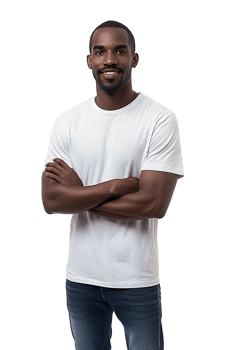 Smiling man in white t-shirt on transparent background png