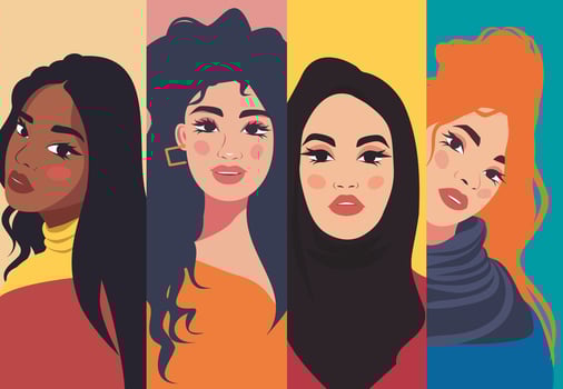 banner modern bright illustration women's rights movement. Portrait of a different ethnic group of women of different skin colors. Young women, independence. Gender equality movement vector