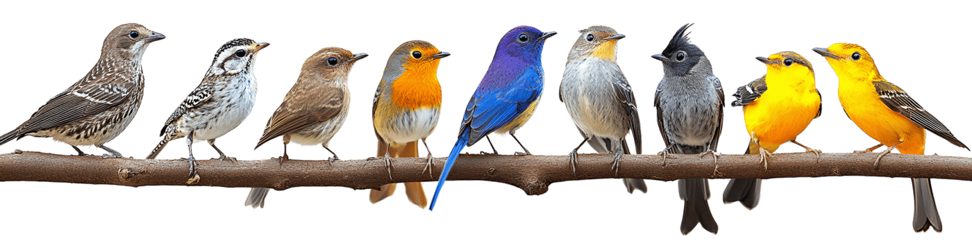 Colorful birds on branch on transparent background png