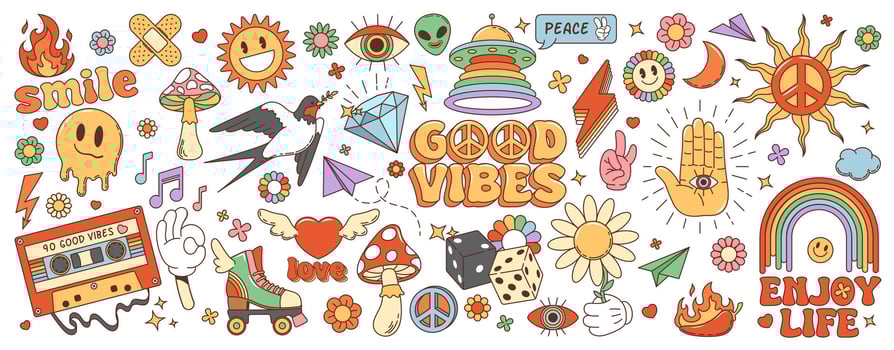 Groovy cartoon retro symbols in 70s hippie art vector