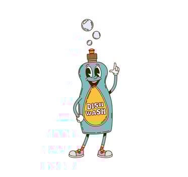 Groovy dish wash bottle household retro character vector