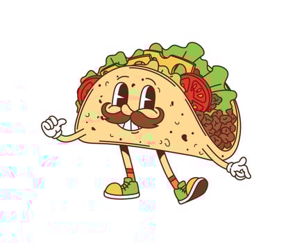 Cartoon groovy fast food tacos cheerful character vector