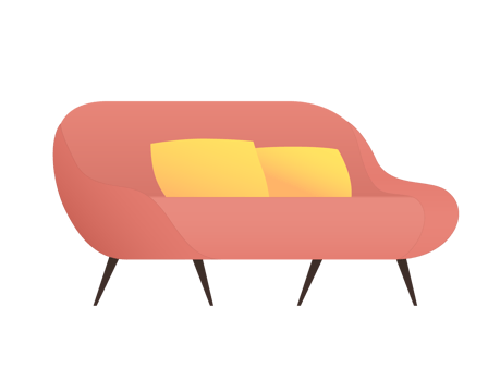 The orange designer parametric sofa for sitting room 60s 70s retro style home interior design with two yellow decorative cushions png