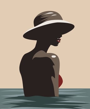 abstract creative flat illustration vacation on the beach, summer, afro black girl woman in a hat, posing in a red swimsuit swims in the sea ocean vector