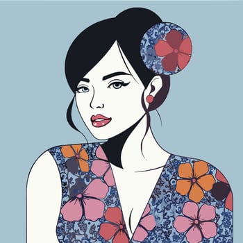Vibrant Floral Portrait of a Woman in Stylish Dress Design vector