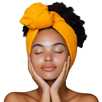 Serene woman with yellow towel on head against transparent background png
