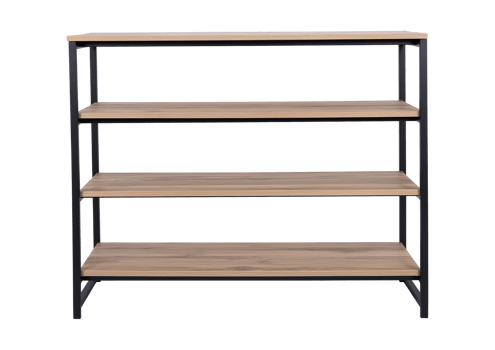 Four-tier industrial storage shelf image isolated transparent. Wood and metal shelving unit cut out . Home organization, minimalist bookcase cutout element object photography png