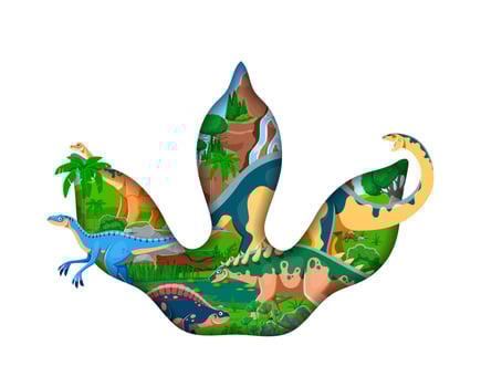 Dinosaur footprint paper cut banner with dinos vector