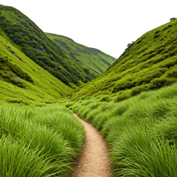 A path through a green valley with tall grass png