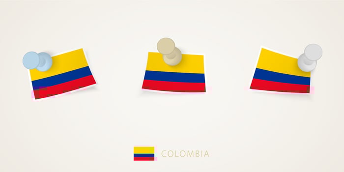 Pinned flag of Colombia in different shapes with twisted corners. pushpins top view. vector