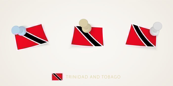 Pinned flag of Trinidad and Tobago in different shapes with twisted corners. pushpins top view. vector
