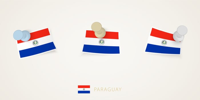 Pinned flag of Paraguay in different shapes with twisted corners. pushpins top view. vector