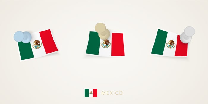 Pinned flag of Mexico in different shapes with twisted corners. pushpins top view. vector