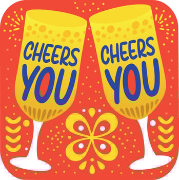 Flat sticker of celebration drinks with cheers you text vector