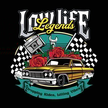Retro Gold Muscle Lowrider Car with Racing Flag, Red Rose, and Piston Illustration vector