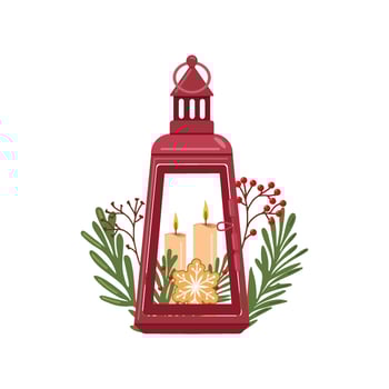 Red Christmas lantern with candles, greenery, and festive cookie illustration vector