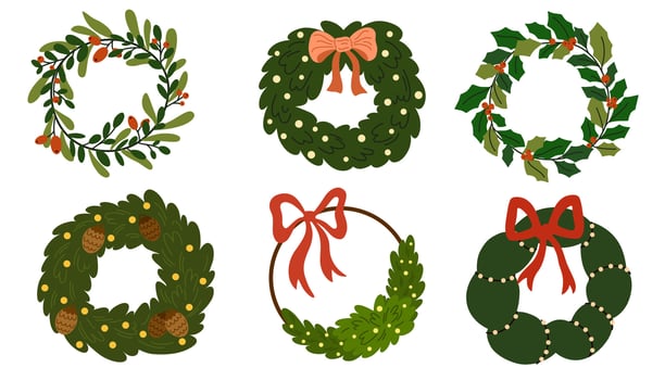 Christmas wreaths set. Hanging decor, ornament for holiday. Fir wreath with ribbons, candles and stars, pendant branch with beads, cones. Flat illustrations isolated on white background vector