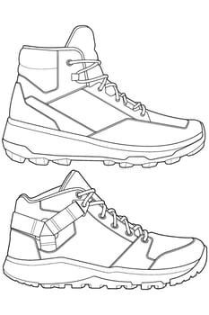 Set of hiking boots illustration. Outline set boots. Side view hiking boots isolated with white background. vector