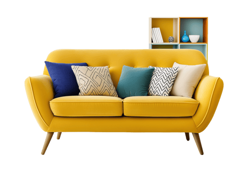 Yellow sofa with throw pillows and decorative shelf image isolated transparent, . Stylish home seating cut out . Comfortable living room cutout element object photography png