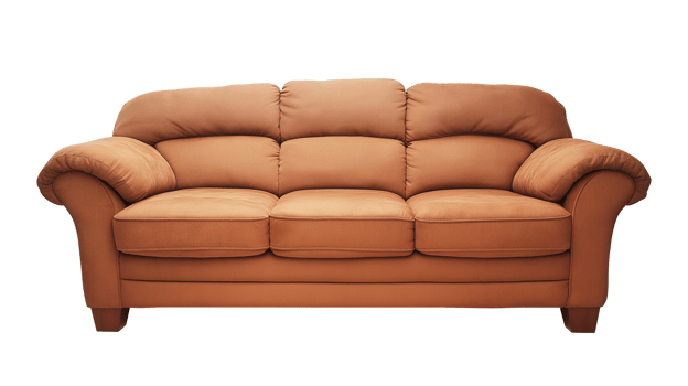 Plush brown sofa with curved armrests and classic design image isolated transparent, . Cozy padded couch cut out . Soft comfortable furniture cutout element object photography png