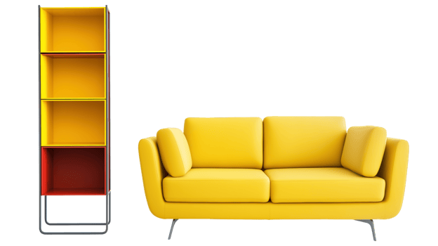 Bright yellow sofa with simple vertical shelf image isolated transparent, . Minimalist couch rack stand cut out . Cozy modern interior cutout element object photography png
