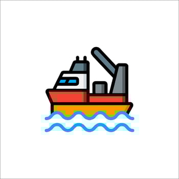 A boat with a crane on it in a flat line vector