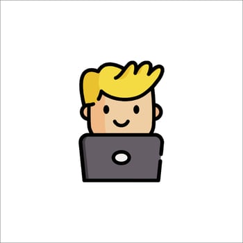 A cartoon man with blonde hair sitting on a laptop vector