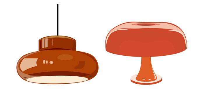 Vintage home flat lamps. Table and hanging red lamps in retro styles. Home illumination for cozy interior. Flat illustration isolated on a white background vector