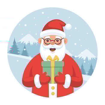 Cute Santa Claus with a gift box in his hands on the background of a winter landscape. Christmas illustration in a flat style. vector