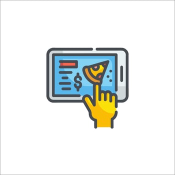A hand holding a tablet with a pizza on it vector
