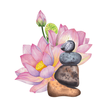Pink lotus flowers with bud, box and pyramid of stones. Isolated on background Watercolor illustration. Composition For design, decor and printing, souvenirs and logo, typography png