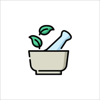 A mortar and pestle with leaves in it vector