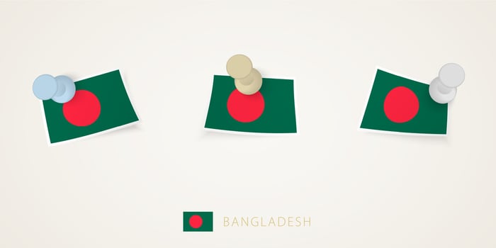 Pinned flag of Bangladesh in different shapes with twisted corners. pushpins top view. vector