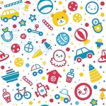 a colorful pattern with toys and other items vector