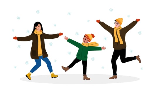 Family enjoying a winter day with snowflakes falling in a cheerful outdoor setting vector