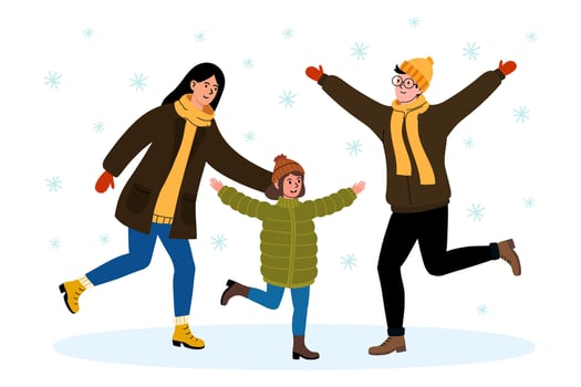 Family joyfully playing in the snow during winter holiday in a cheerful atmosphere vector
